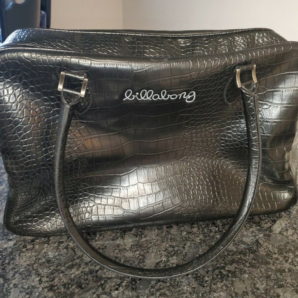 Billabong Black Faux Crocodile-Embossed Big Bag/Laptop Satchel/Purse for Travel